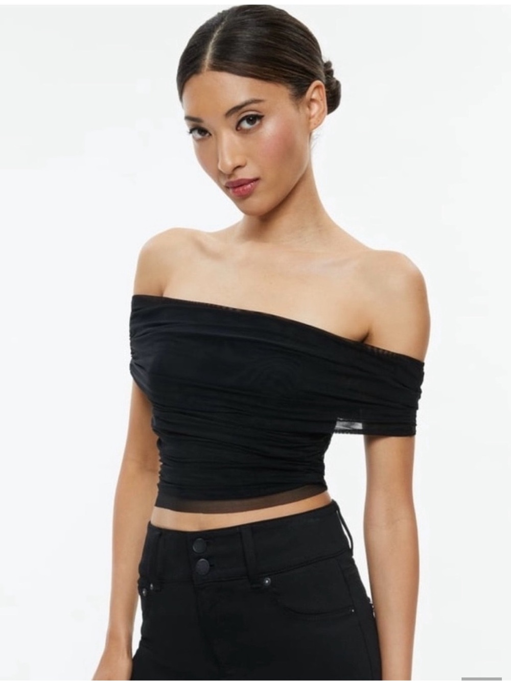 NWT Alice + Olivia Isadola Black Off-Shoulder Ruched mesh Top sz small